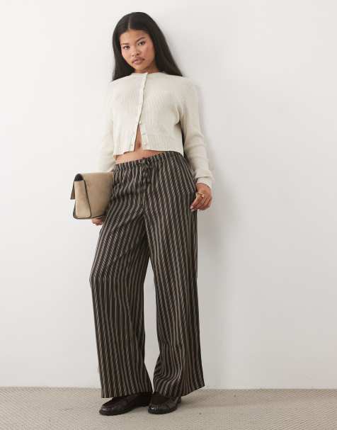 New Look Petite drawstring waist wide leg trousers in brown pinstripe - view 1