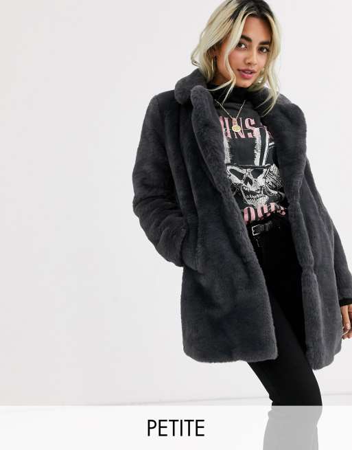 New Look Petite faux fur coat in dark gray ASOS