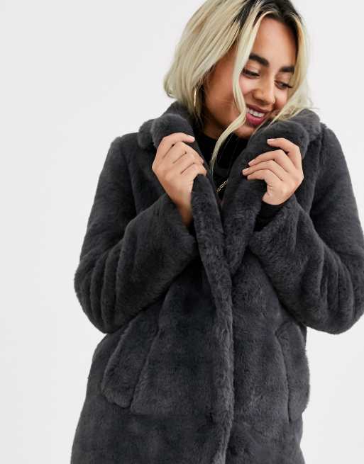 New Look Petite faux fur coat in dark gray