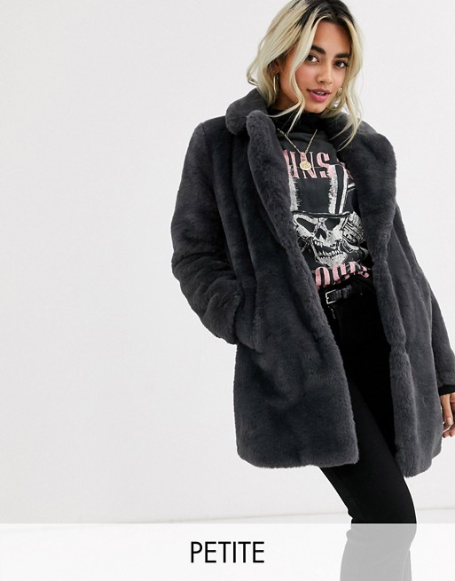New Look Petite faux fur coat in dark grey
