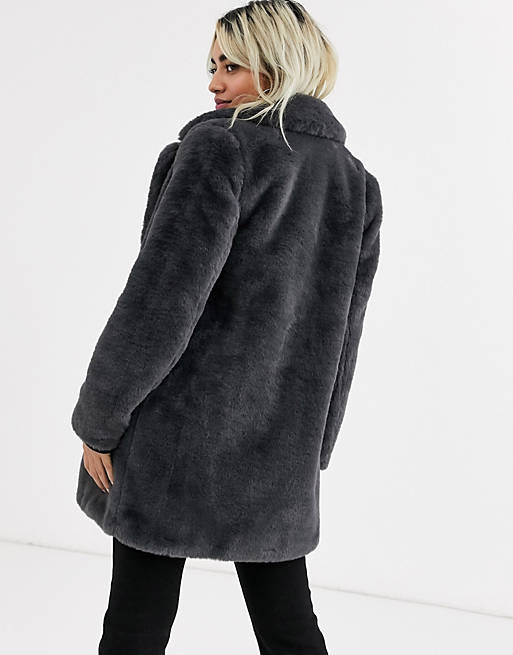 Look Petite Faux Fur Coat In Dark Grey, Grey Faux Fur Coat New Look