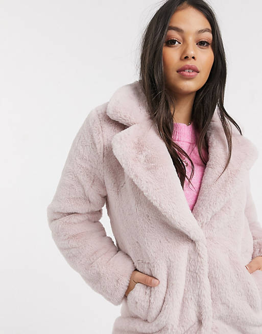 Petite Faux Fur Coat In Pale Pink Asos, Petite Pale Pink Faux Fur Coat