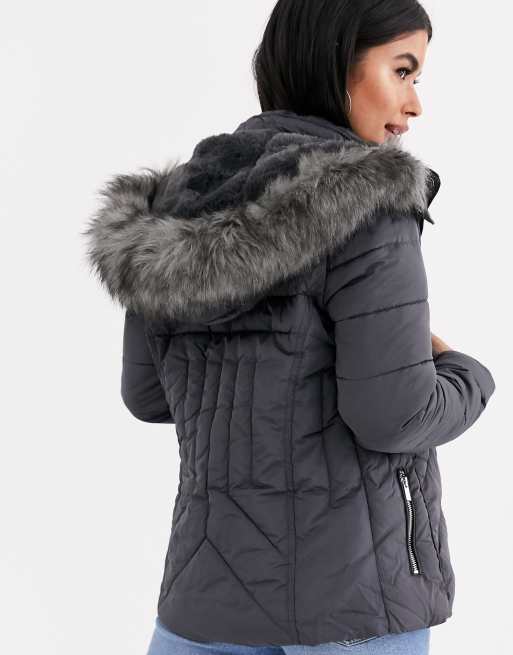 Dark Grey Faux Fur Hood Puffer Jacket