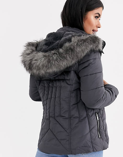 New Look Petite Faux Fur Hood Fitted, Womens Black Coat With Grey Fur Hood