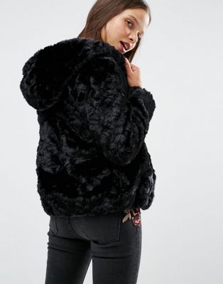 black faux fur hooded bomber jacket