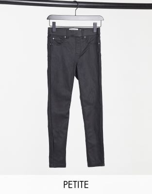 New Look Petite faux leather coated shaper jeans in black