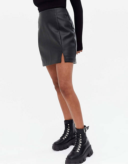 Skirts New Look Petite faux leather mini skirt with side split in black 