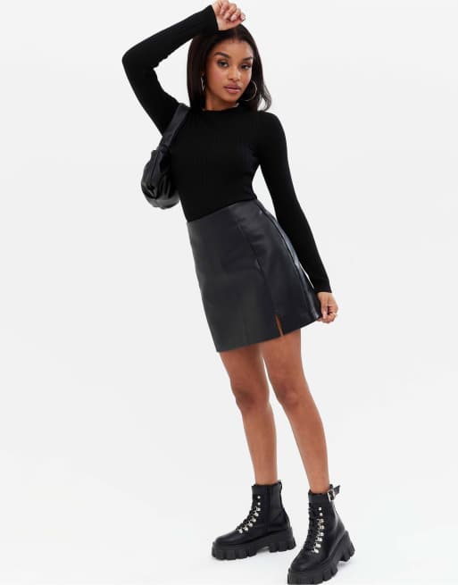 Petite black faux outlet leather mini skirt