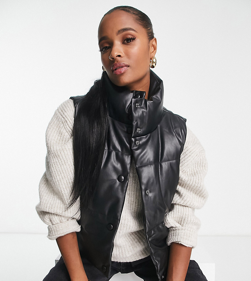 New Look Petite faux leather padded vest in black