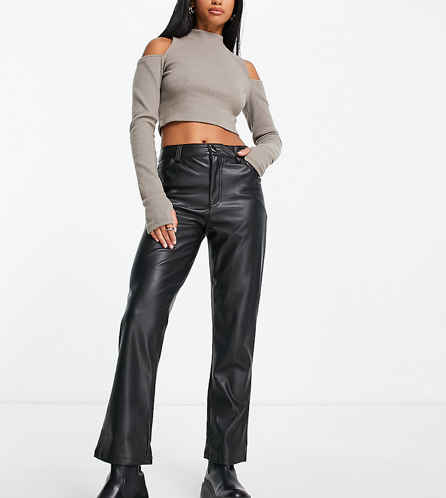 New Look Petite faux leather straight leg pants in black