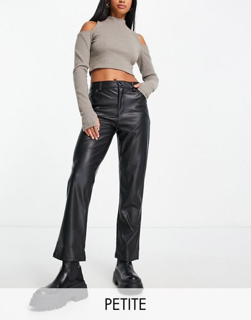New Look Petite faux leather straight leg trousers in black | ASOS