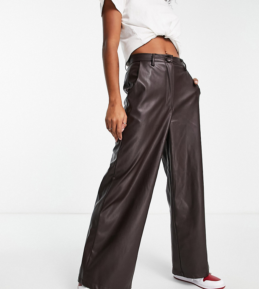 faux leather wide leg pants in brown