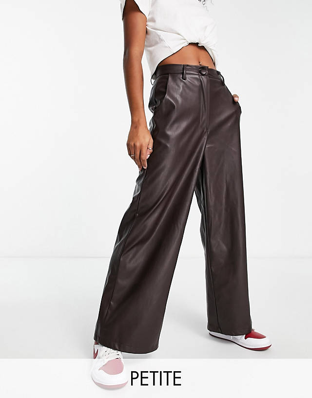 New Look Petite - faux leather wide leg trousers in brown