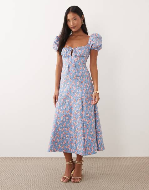 New Look Petite floral bouquet milkmaid midi dress in blue - view 1