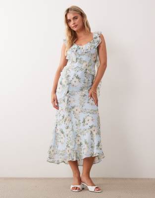 New Look Petite New Look Petite floral chiffon ruffle midi dress in blue