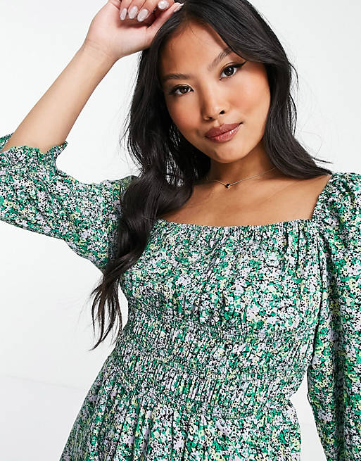 Women New Look Petite floral square neck ruched mini dress in green pattern 