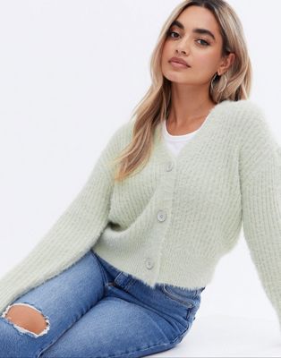 New Look Petite fluffy ribbed cardigan in light green