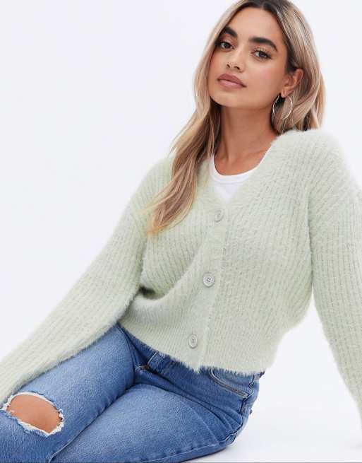 New Look Petite fluffy ribbed cardigan in light green ASOS