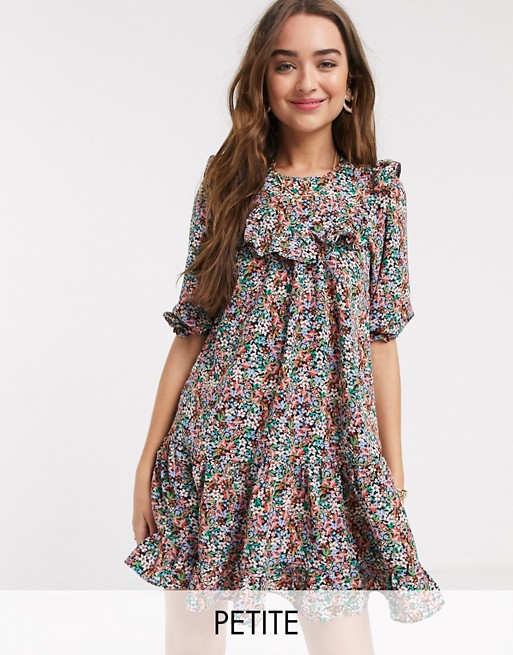 New Look Petite frill detail tiered smock dress in ditsy print