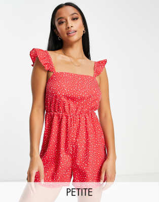 New Look Petite frill strap playsuit in red heart print