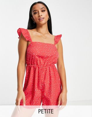 New Look Petite frill strap playsuit in red heart print
