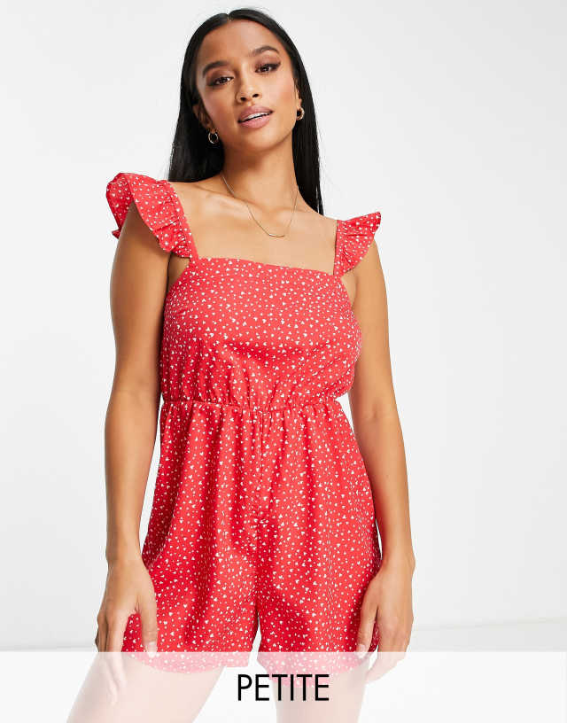 New Look Petite frill strap romper in red heart print