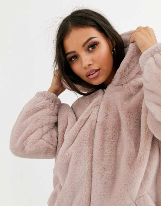 Pink faux 2025 fur hooded bomber