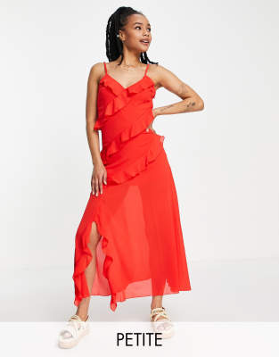 New Look Petite – Gerafftes Midi-Trägerkleid in Rot