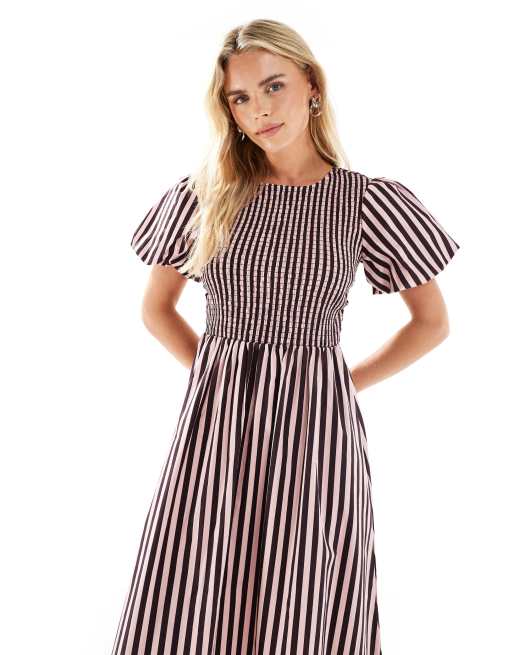 New Look Petite - Gesmokte midi jurk in roze strepen, 3 van 4