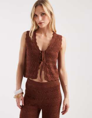 Gilet de tailleur d'ensemble en maille noué sur le devant - Rouille-Brown 40