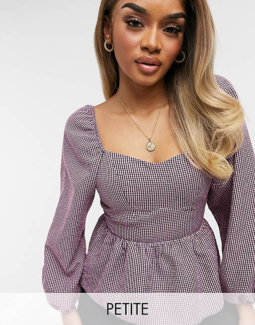 New Look Petite gingham square neck blouse in pink