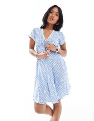 New Look Petite New Look Petite gingham tie front mini dress in blue
