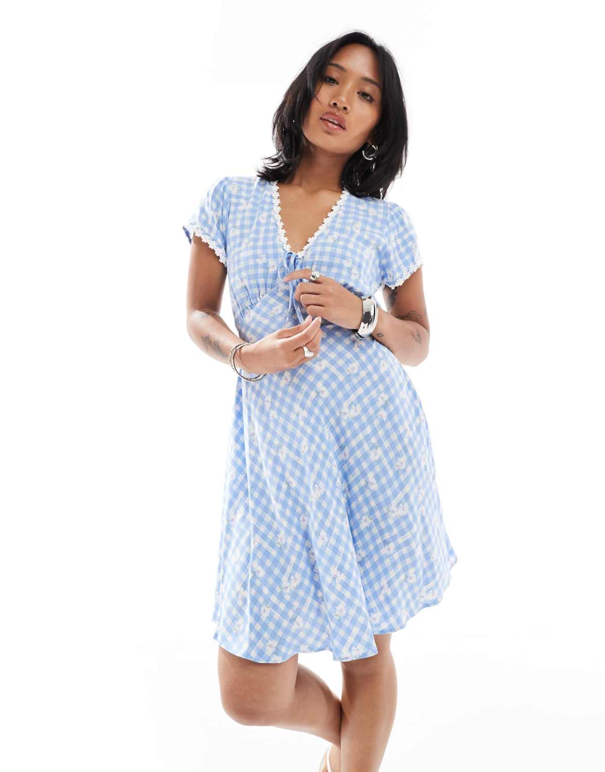 New Look Petite gingham tie front mini dress in blue