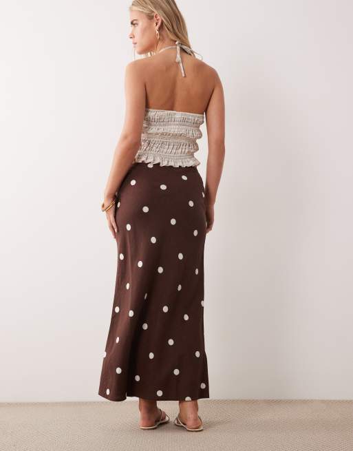 New Look Petite - Gonna midi in misto lino marrone a pois, 4 di 5