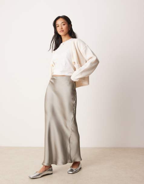 New Look Petite - Gonna midi taglio sbieco in raso grigio - view 1