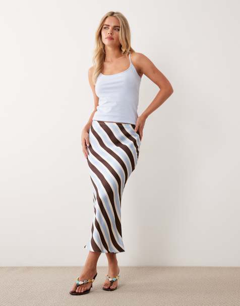 New Look Petite - Gonna midi taglio sbieco in raso marrone a righe - view 1