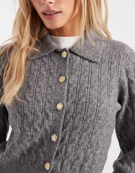 New Look Petite - Grå kabelstrikket cardigan med krave, 3 af 4