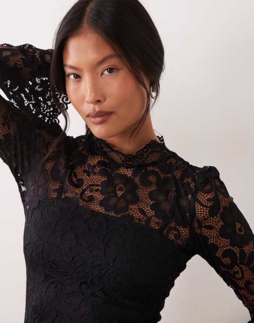 New Look Petite high neck long sleeve lace mini dress in black, 2 of 4