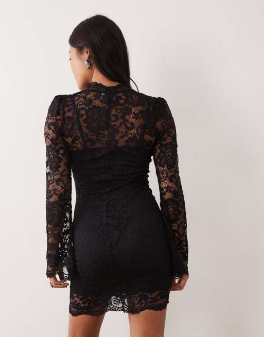 New Look Petite high neck long sleeve lace mini dress in black, 3 of 4
