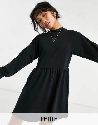 New Look Petite high neck volume sleeve sweatshirt dress in black