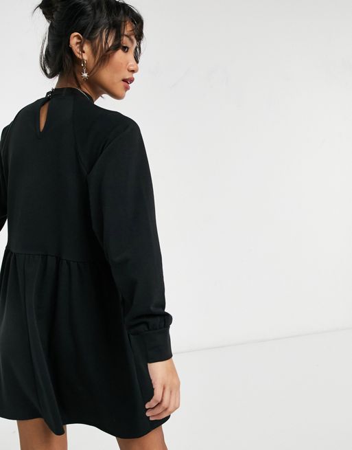 New Look Petite high neck volume sleeve sweatshirt dress in black | ASOS