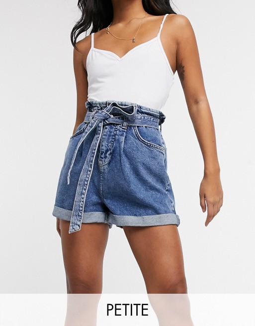 New Look Petite high waisted tie denim shorts in blue