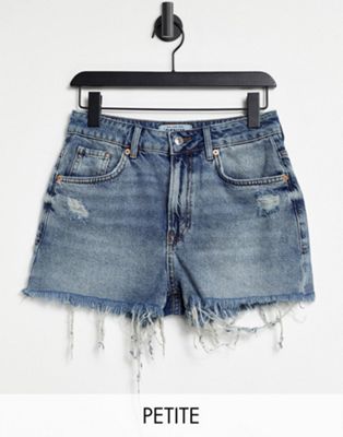 New Look Petite highrise denim mom shorts in mid blue