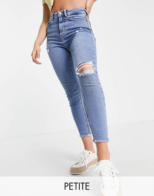 New Look Petite highrise ripped skinny jean in authentic wash blue