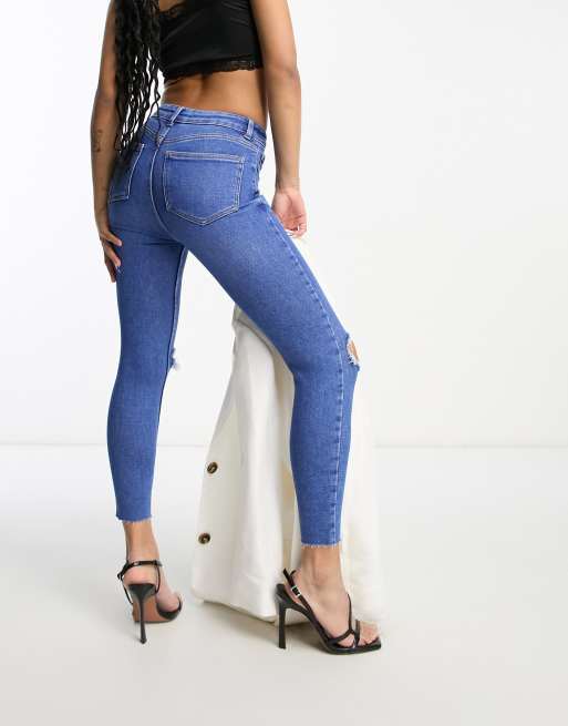 New Look Petite - Jeans skinny lavaggio blu medio con strappi, 3 di 5