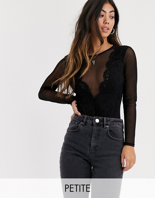 New Look Petite lace long sleeve body in black