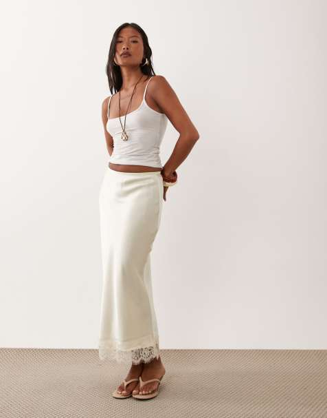 New Look Petite lace trim satin midi skirt in cream - view 1