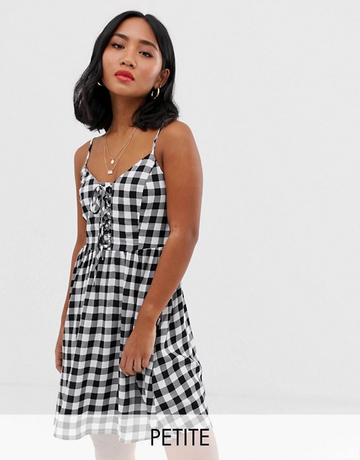 New Look Petite lace up front dress in black gingham