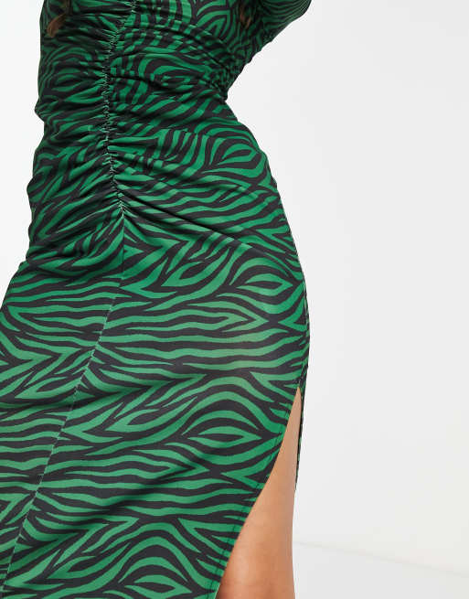 New Look Petite – Langärmliges, gemustertes Midikleid in Grün mit geraffter Vorderseite, 3 von 4