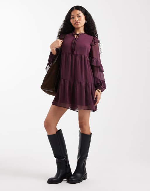 New Look Petite – Langärmliges Minikleid aus Chiffon in Burgunderrot mit Rüschen, 3 von 4